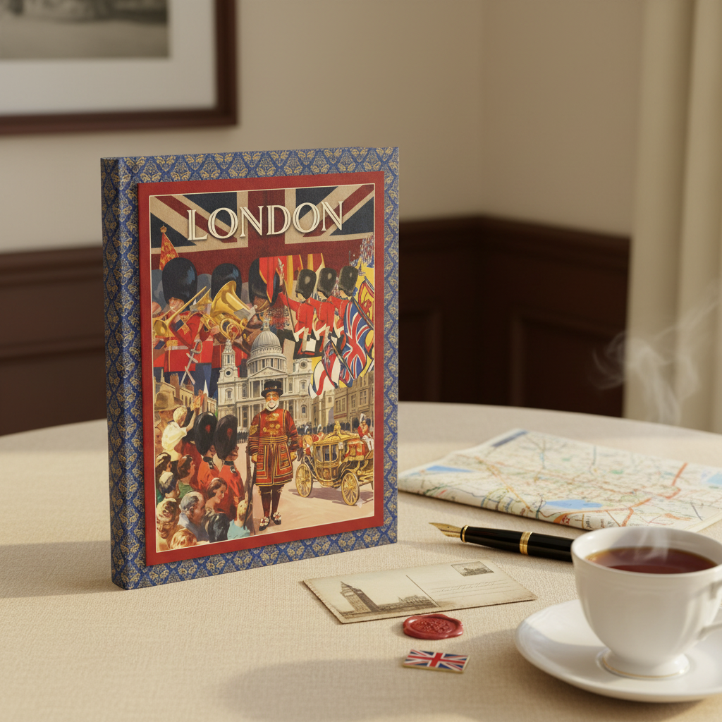 London City of Wonders hardcover blank journal front cover with vintage collage of Beefeater St Paul's Cathedral Royal Guards and Union Jack on navy damask border - LeBonJournal