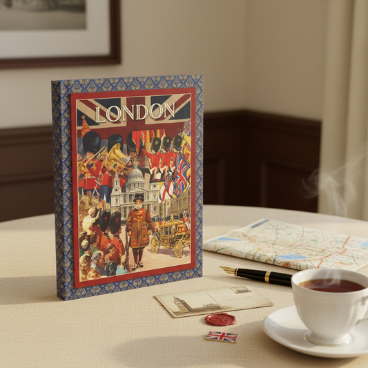London City of Wonders hardcover blank journal front cover with vintage collage of Beefeater St Paul's Cathedral Royal Guards and Union Jack on navy damask border - LeBonJournal