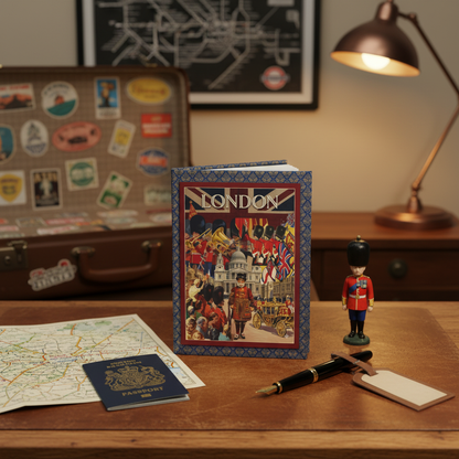 London City of Wonders journal on vintage traveler's desk with Beefeater royal guard golden state coach St. Paul's cover - LeBonJournal