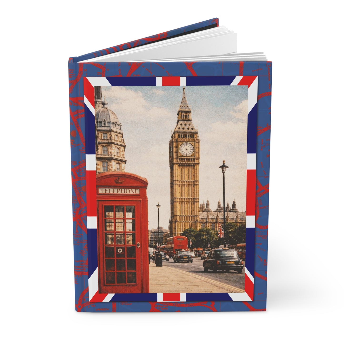 London icons journal with Big Ben Elizabeth Tower red telephone box K6 double-decker bus Union Jack vintage travel poster style - LeBonJournal