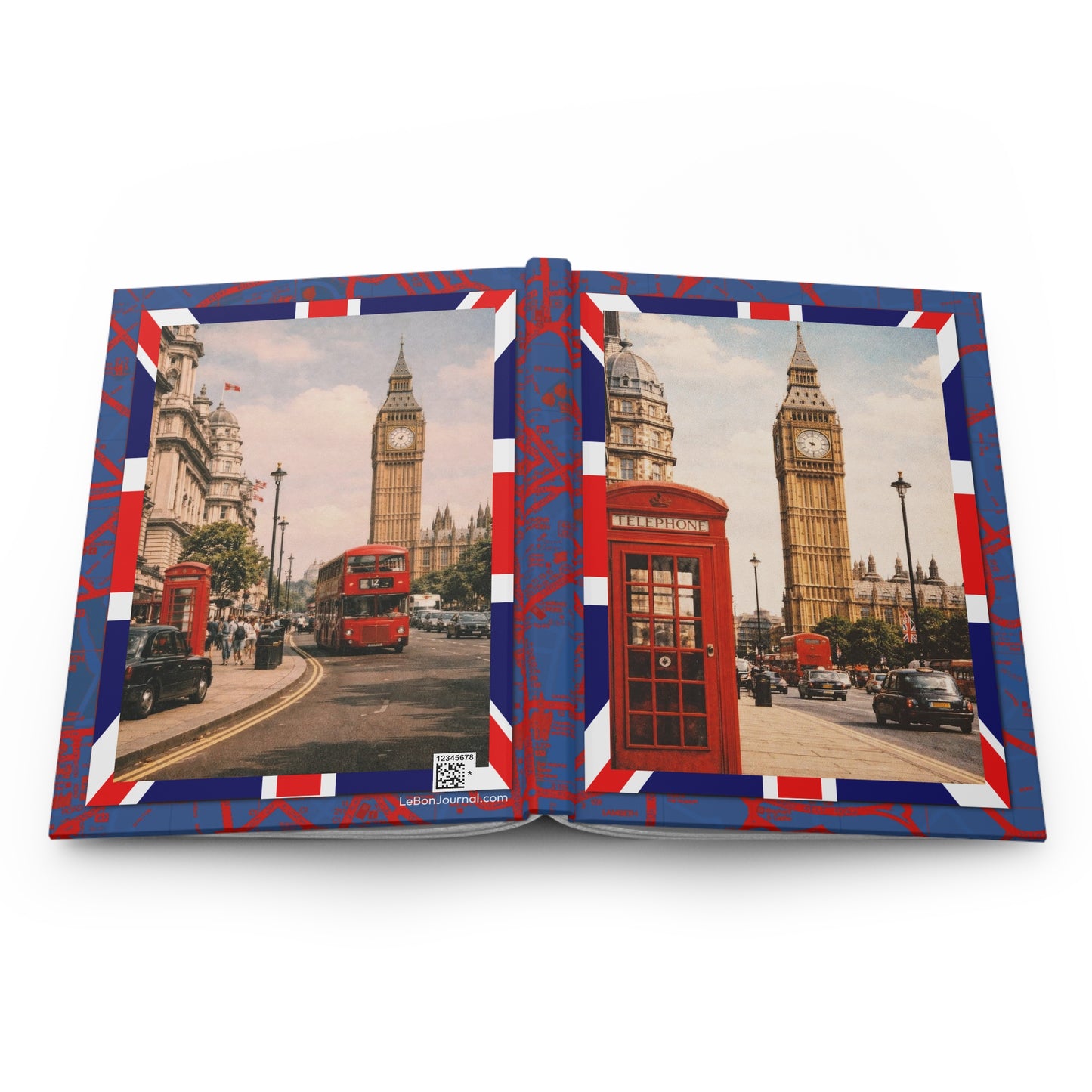 London icons hardcover journal spine and full-wrap Big Ben Elizabeth Tower Union Jack vintage travel poster design - LeBonJournal