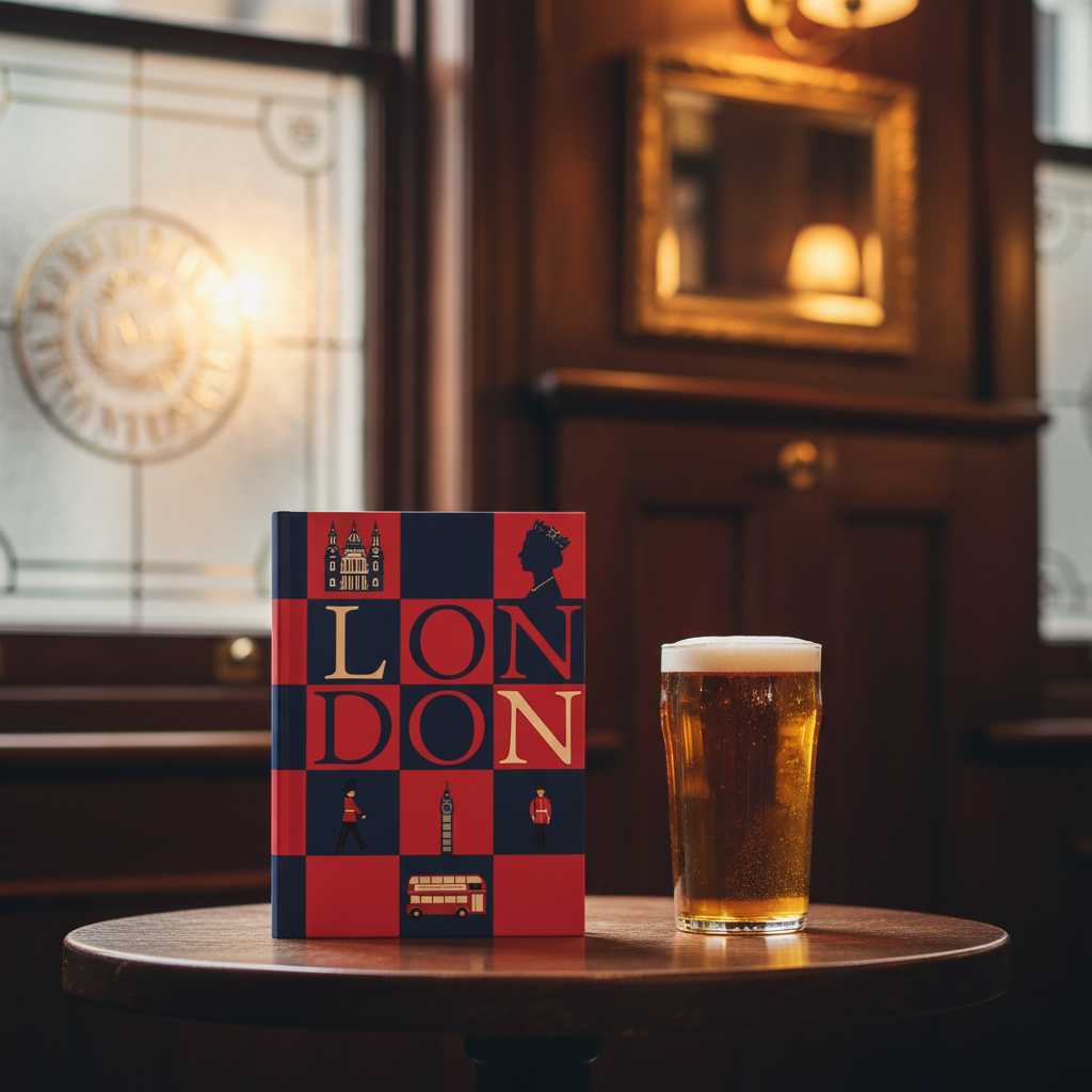 London Icons Journal with red and navy checkerboard cover standing on a wooden table in a classic London pub, pint of ale beside it - LeBonJournal