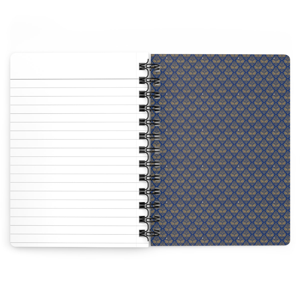 London vintage travel poster spiral journal open showing perforated lined pages and navy blue damask inside back cover with metal spiral binding - LeBonJournal