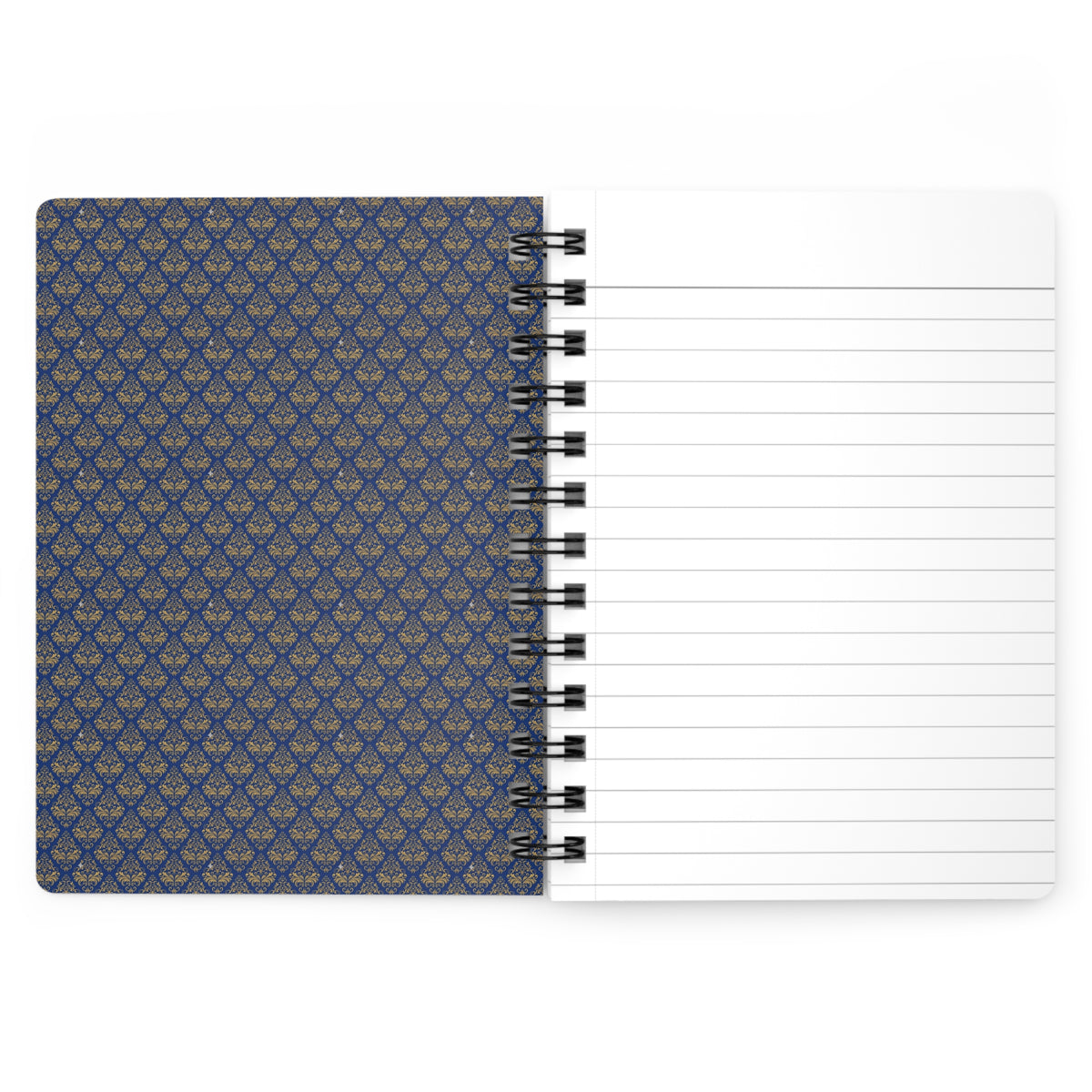 London vintage travel poster spiral journal open showing navy blue damask inside cover and perforated lined pages with metal spiral binding - LeBonJournal