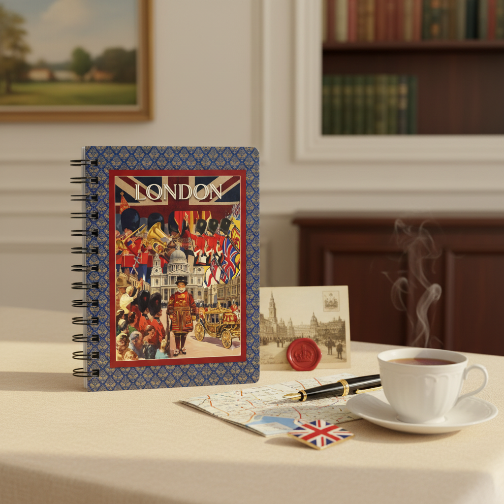 London vintage travel poster spiral journal in British interior with vintage postcard fountain pen and English breakfast tea - LeBonJournal