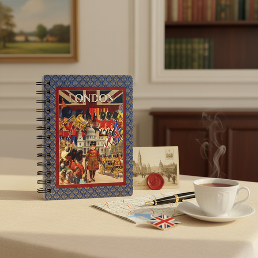 London vintage travel poster spiral journal in British interior with vintage postcard fountain pen and English breakfast tea - LeBonJournal