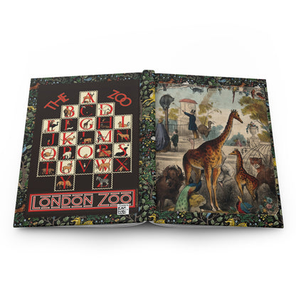 Spooner 1844 London Zoo hardcover journal open showing front and back covers with casewrap sewn spine, Victorian Zoological Gardens Regent's Park - LeBonJournal