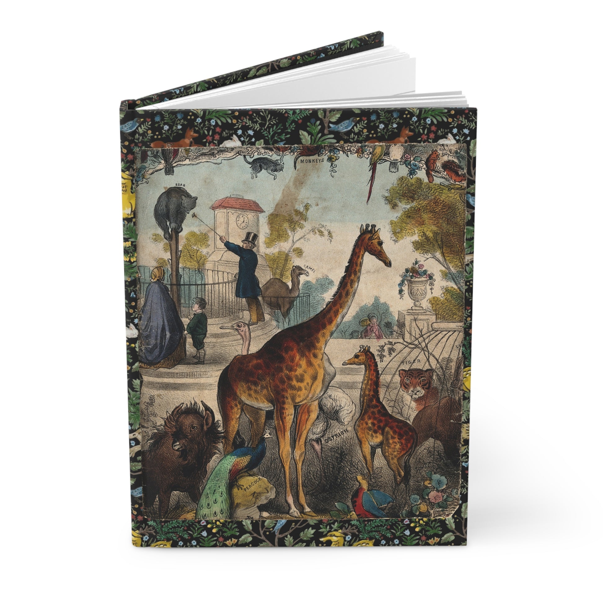 Spooner 1844 London Zoo hardcover journal standing vertically slightly open showing lined pages, Victorian Zoological Gardens Regent's Park panoramic cover - LeBonJournal