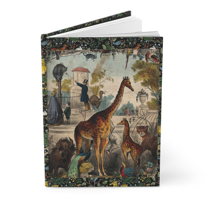 Spooner 1844 London Zoo hardcover journal standing vertically slightly open showing lined pages, Victorian Zoological Gardens Regent's Park panoramic cover - LeBonJournal