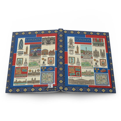 London hardcover journal spine and full-wrap Thames landmarks blue red beige British collage design - LeBonJournal
