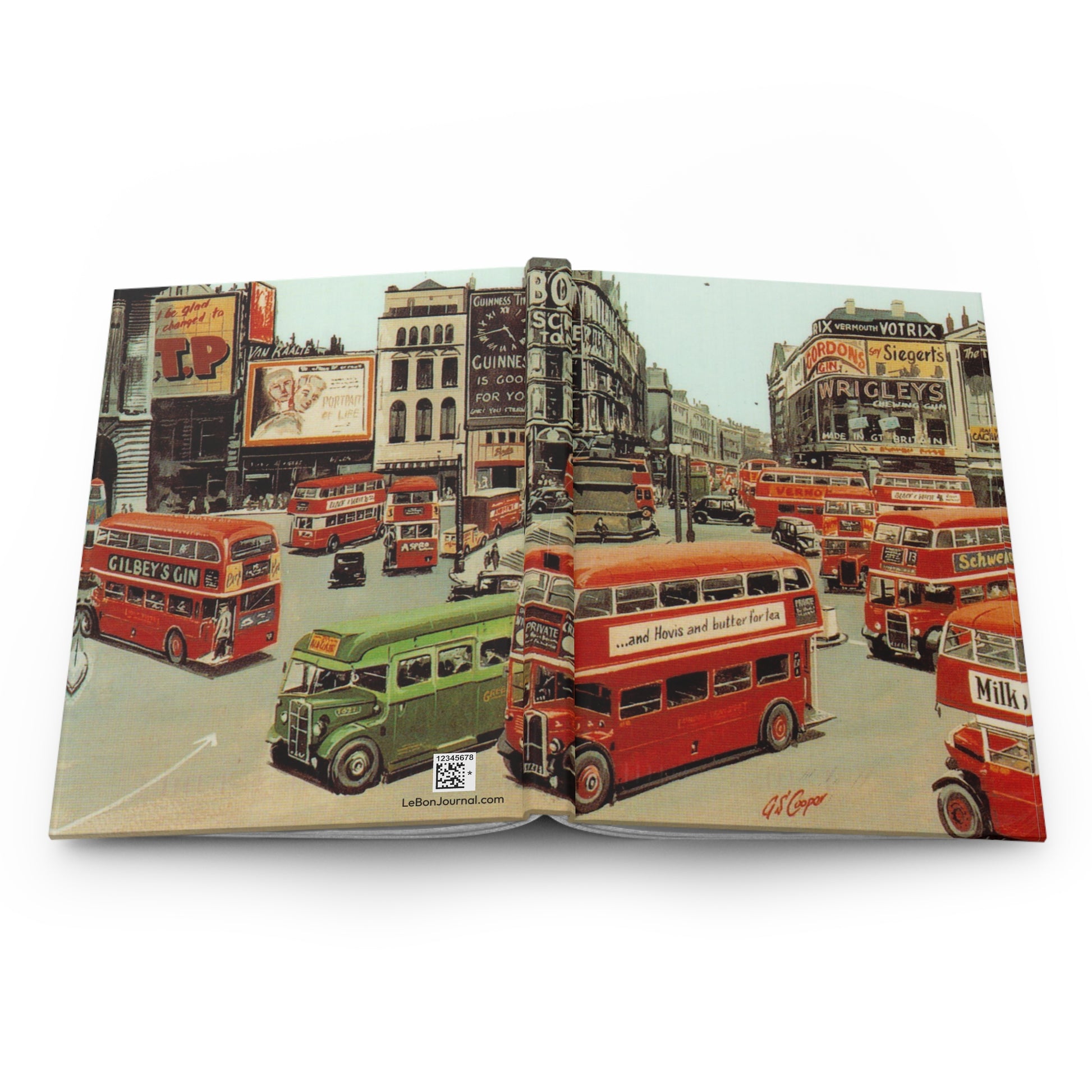 London hardcover journal spine full-wrap G.S. Cooper Piccadilly Circus 1949 red buses - LeBonJournal

