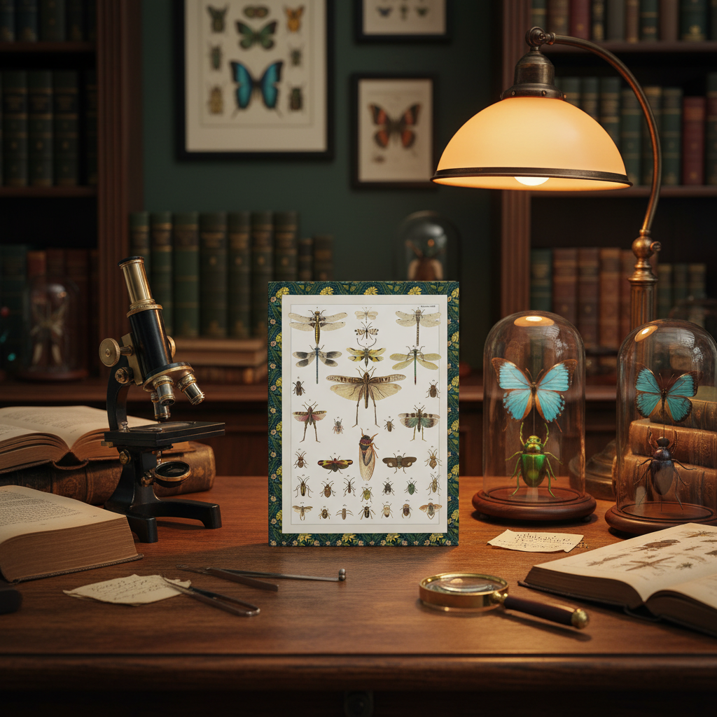 Lorenz Oken 1833 insects journal on antique oak entomologist's desk with microscope, glass specimen domes, butterfly prints and amber opaline lamp - LeBonJournal