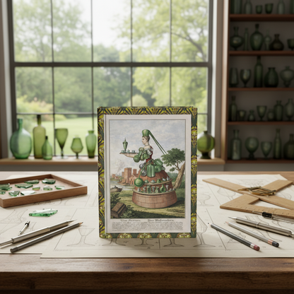 Martin Engelbrecht 1730 glassmaker journal on archaeology drafting board glass specimens caliper technical drawings - LeBonJournal
