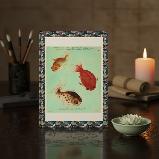 Martinet 1780 Dragon Eyes goldfish journal standing vertically on dark lacquered surface beside celadon bowl with lotus, ink stone and bamboo brush in warm candlelight - LeBonJournal
