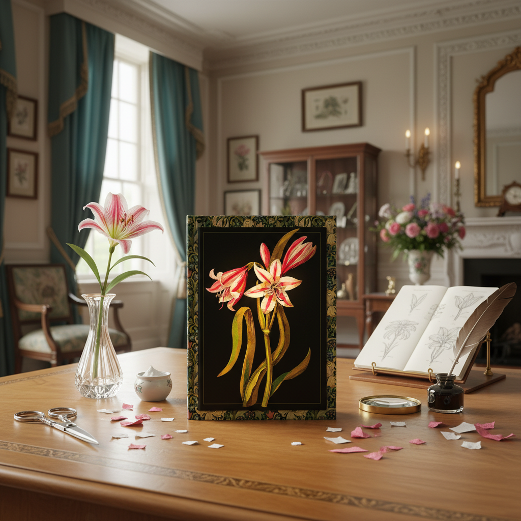 Mary Delany Flora Delanica 1778 Crinum lily journal on Georgian writing desk paper mosaic scissors lily vase - LeBonJournal
