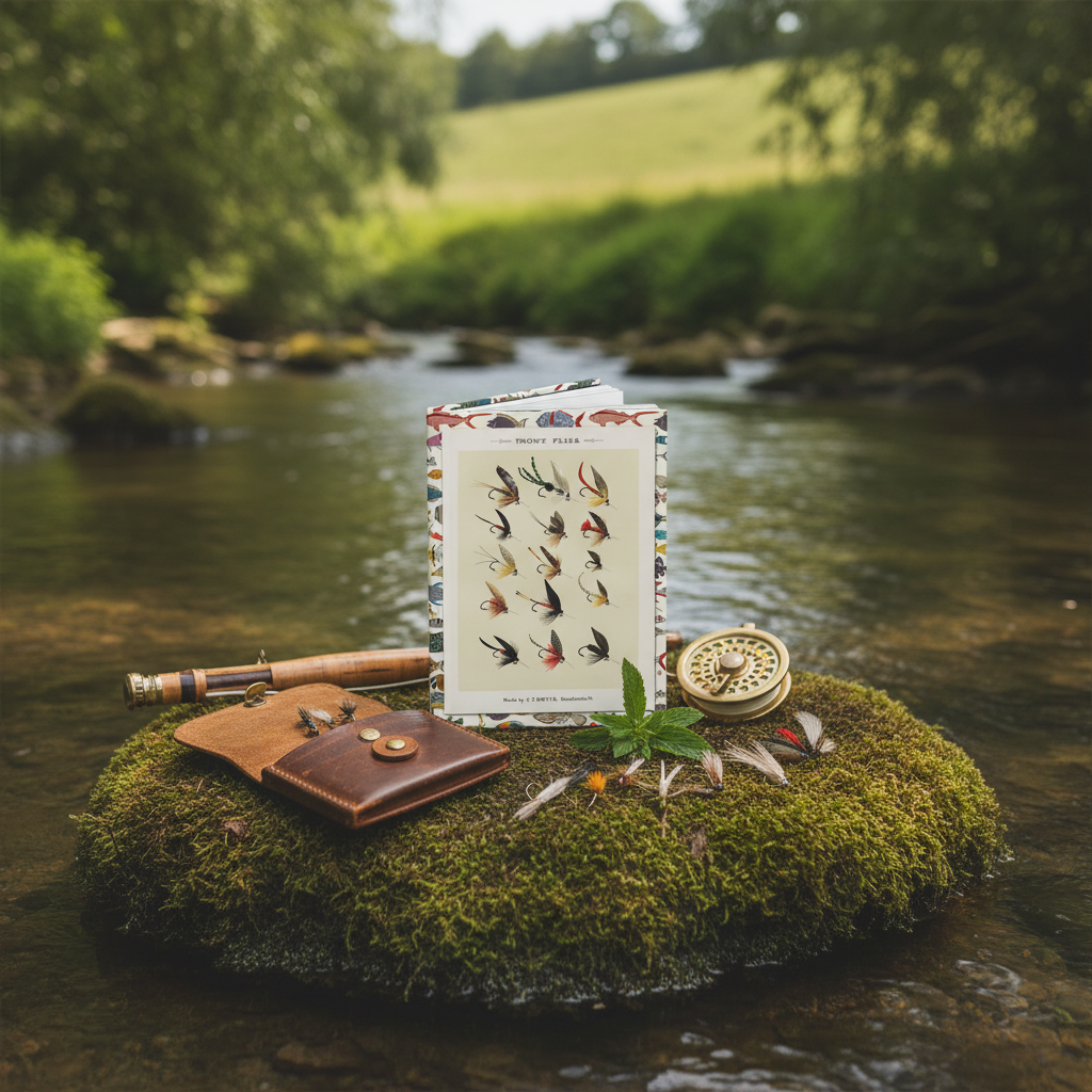 Mary Orvis Marbury 1892 trout fly patterns journal on mossy riverside rock with vintage split-cane rod, leather fly wallet, brass reel and artificial flies, English chalk stream in background - LeBonJournal