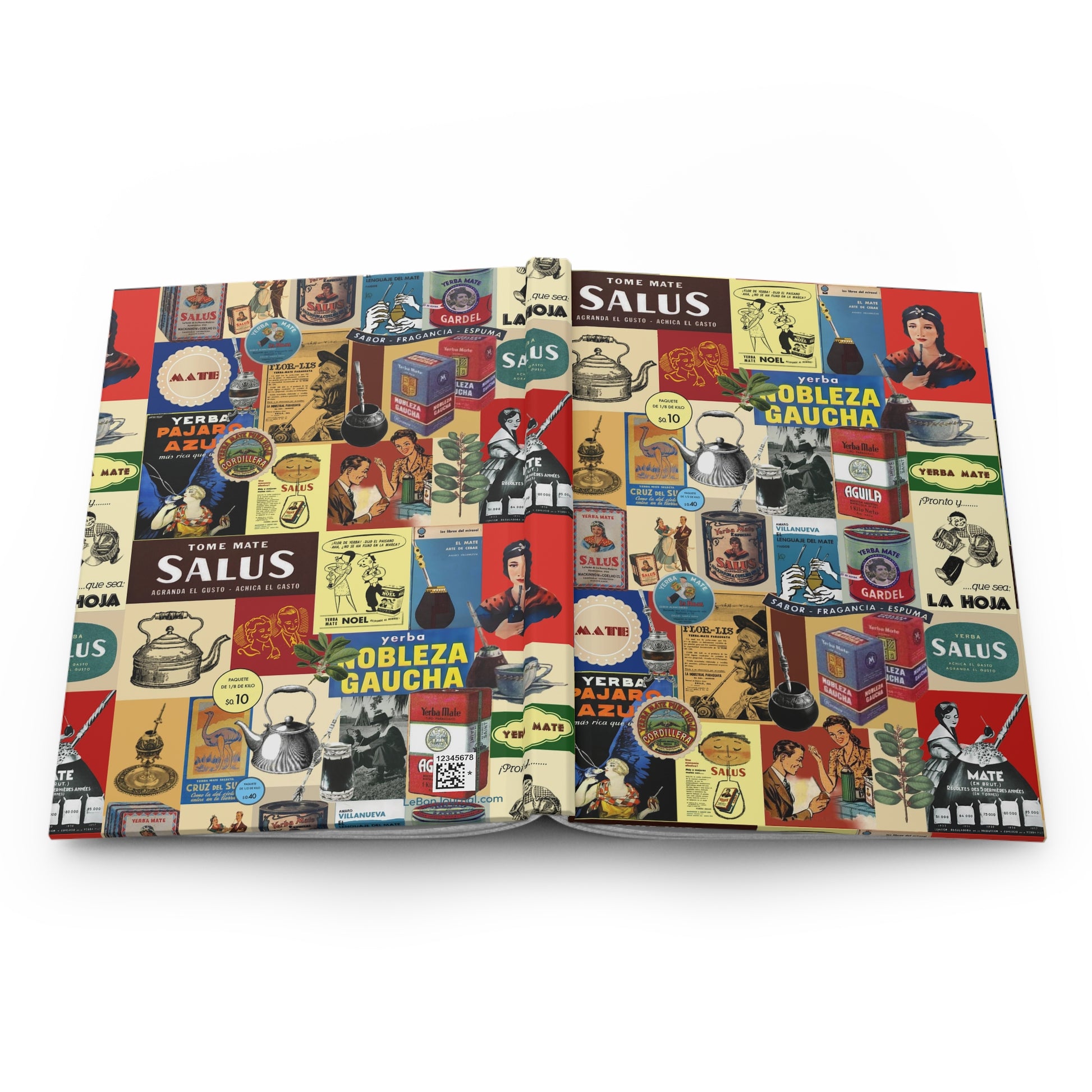 Mate hardcover journal spine and full-wrap mid-century Argentine yerba mate advertising collage 1930s-1950s vintage graphics - LeBonJournal