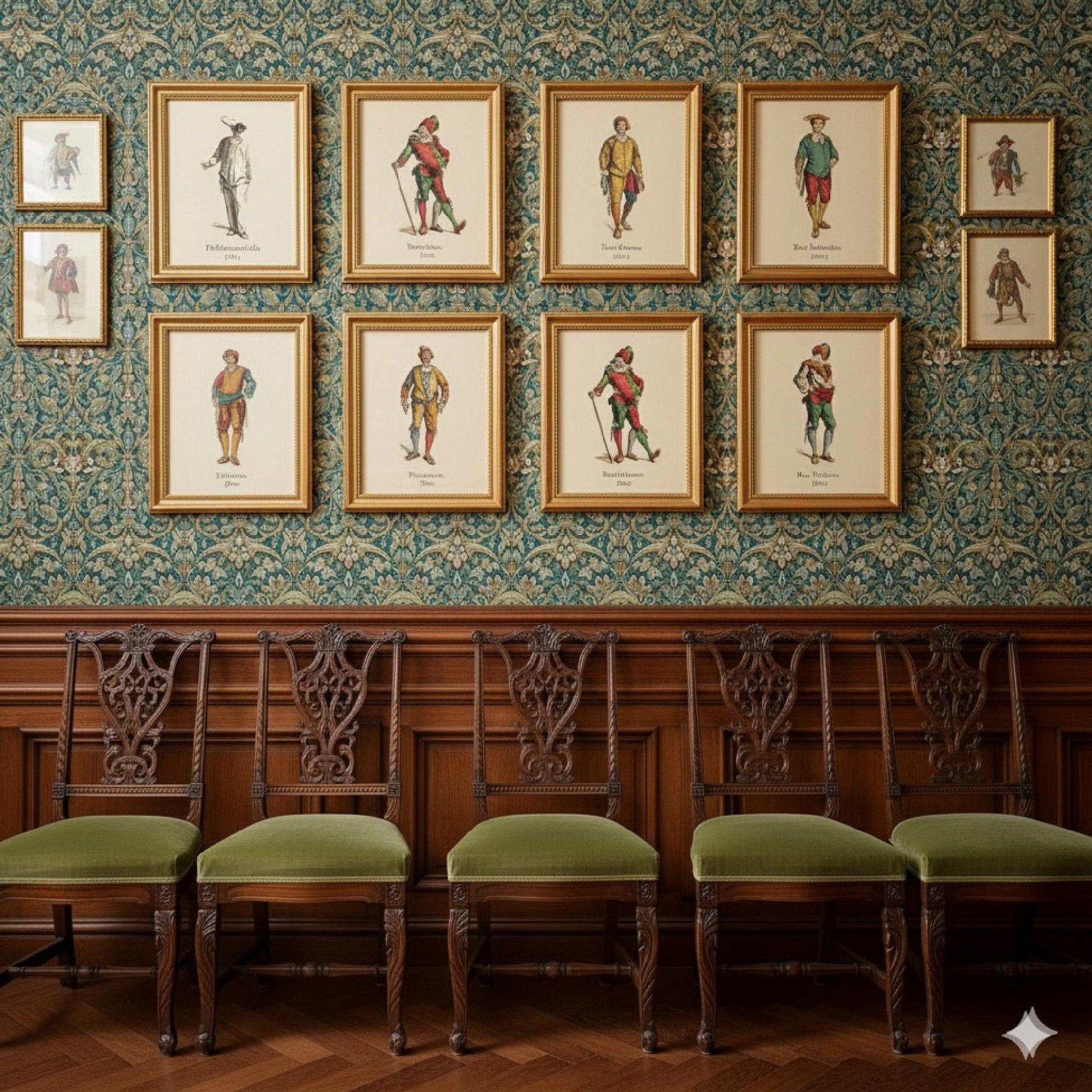 Maurice Sand 1860 Commedia dell'Arte character prints framed as wall art gallery, Masques et Bouffons hand-colored etchings theater history decor - LeBonJournal