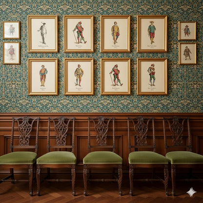 Maurice Sand 1860 Commedia dell'Arte character prints framed as wall art gallery, Masques et Bouffons hand-colored etchings theater history decor - LeBonJournal