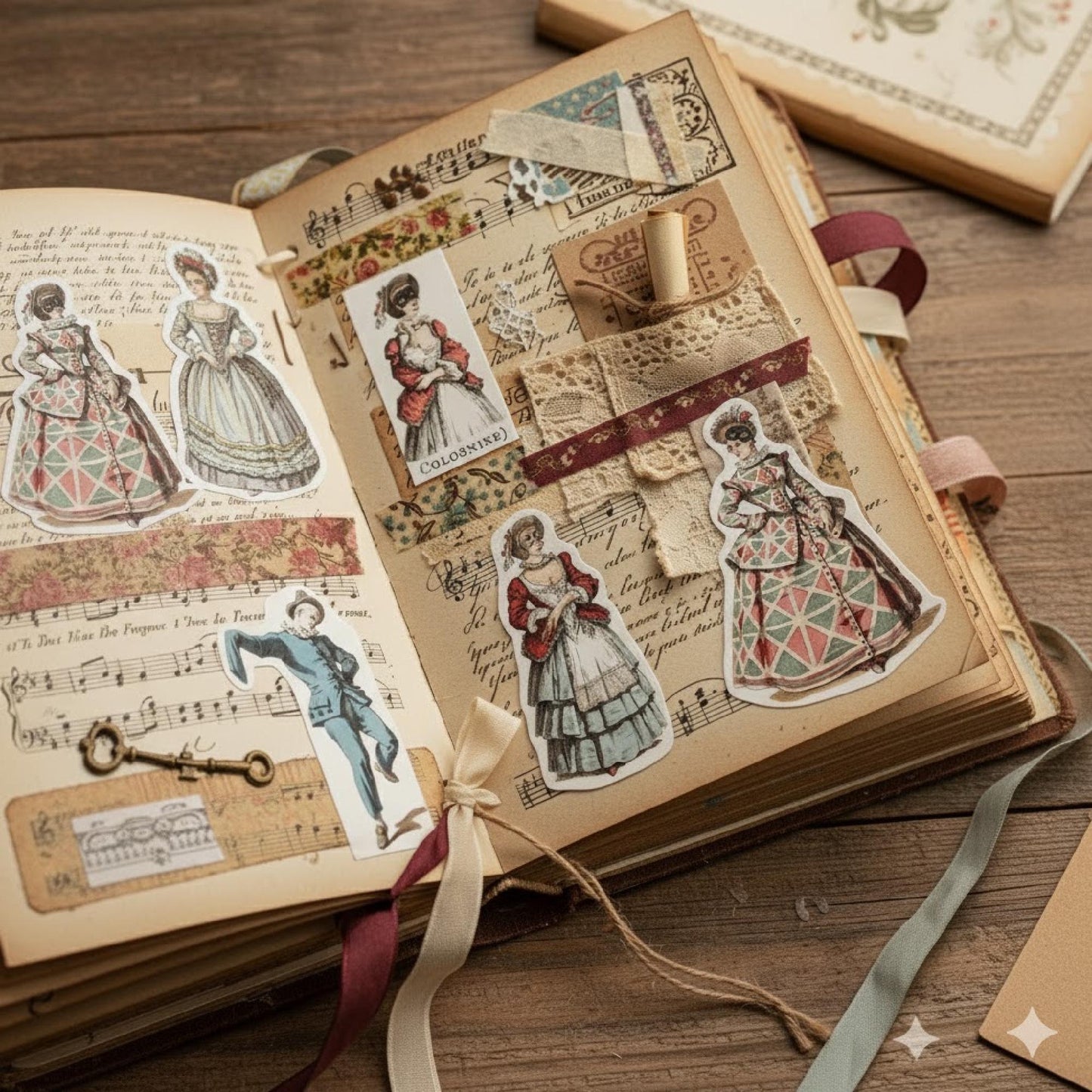 Maurice Sand 1860 Commedia dell'Arte characters cut out and arranged in scrapbook journal, vintage theater prints from Masques et Bouffons craft project - LeBonJournal