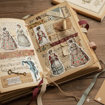 Maurice Sand 1860 Commedia dell'Arte characters cut out and arranged in scrapbook journal, vintage theater prints from Masques et Bouffons craft project - LeBonJournal