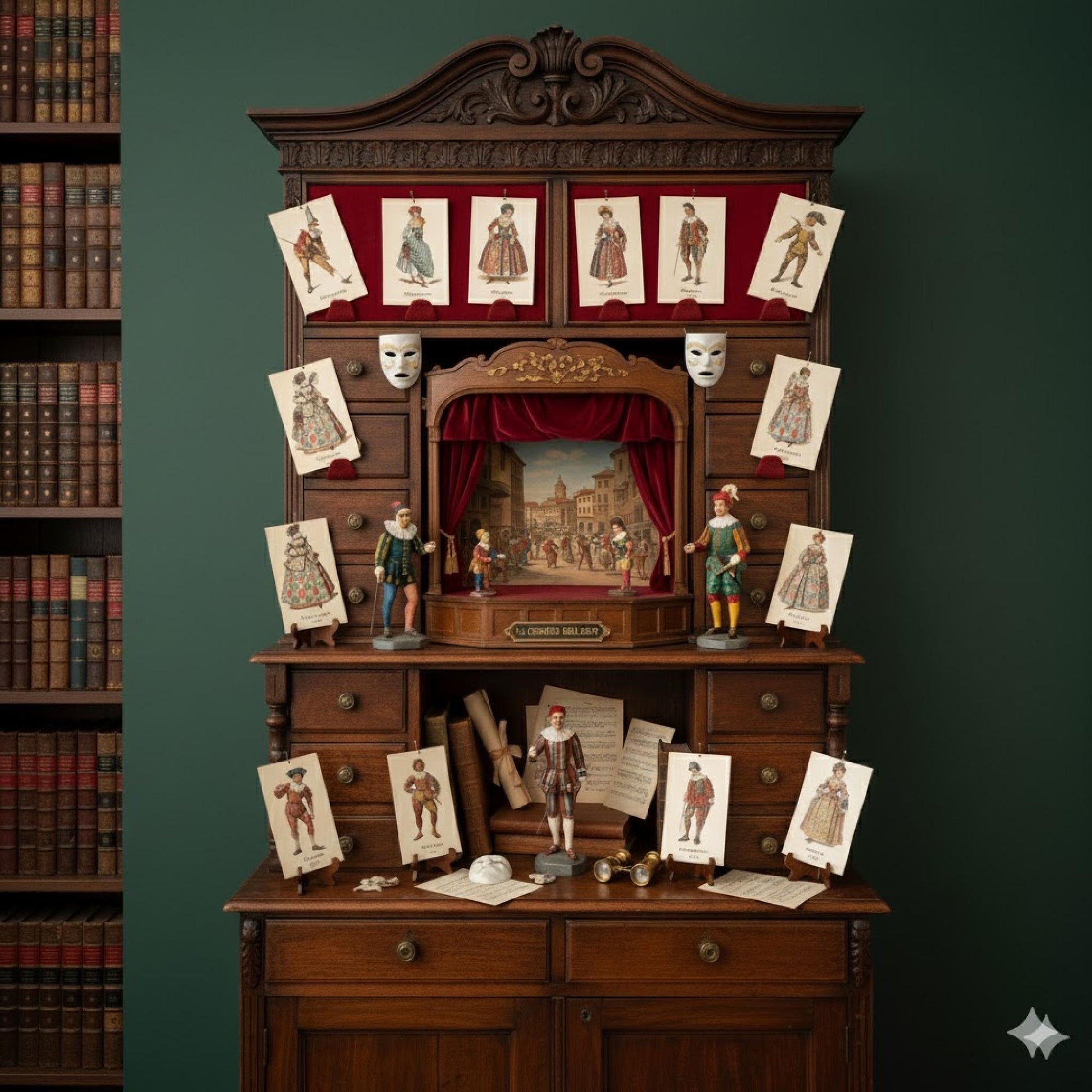 Maurice Sand 1860 Commedia dell'Arte prints displayed on dedicated theater memorabilia shelf, Masques et Bouffons hand-colored etchings collection showcase - LeBonJournal