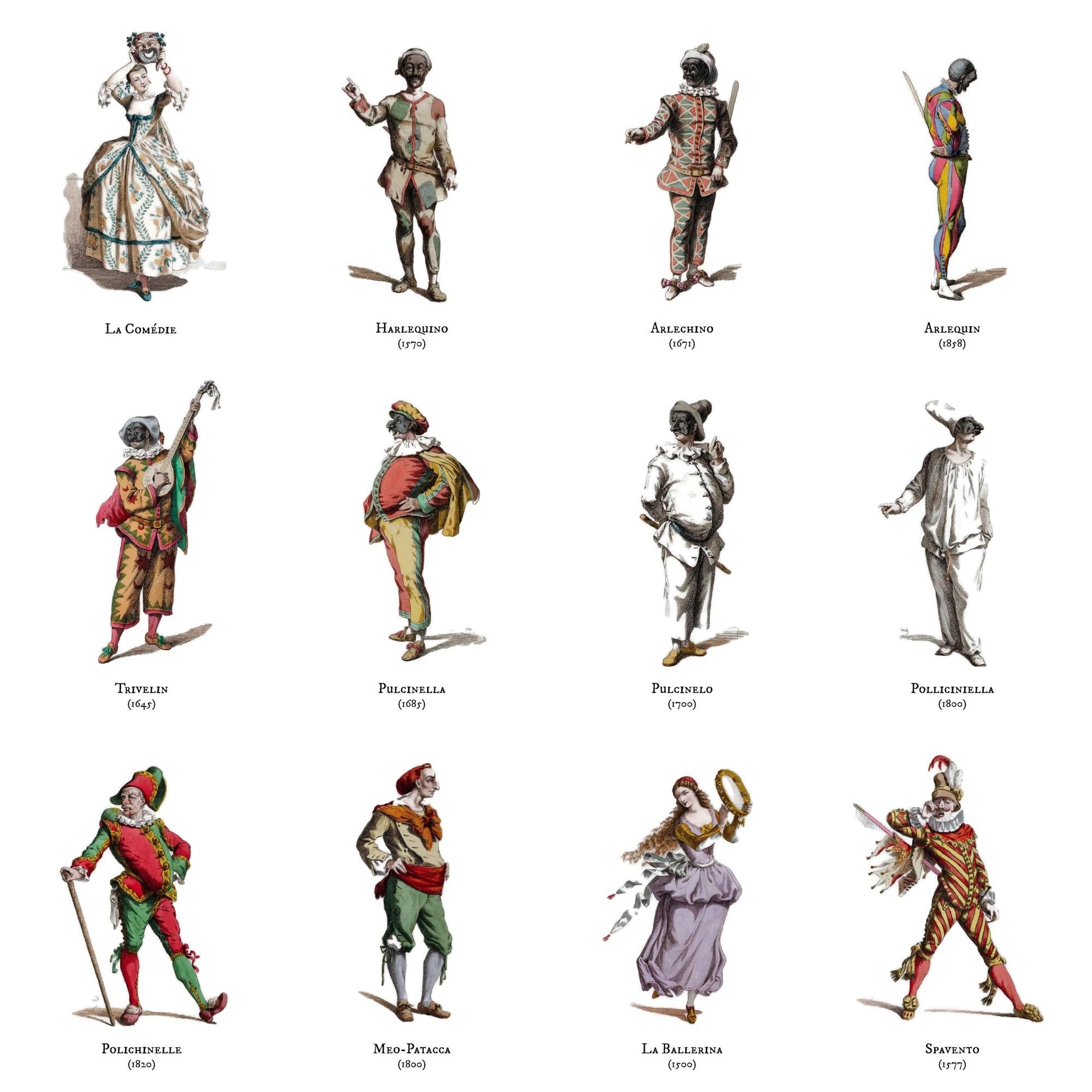 Maurice Sand 1860 Masques et Bouffons hand-colored etchings showing 8 Commedia dell'Arte characters including Harlequin, Pierrot, Pantalone, Colombine from Italian Renaissance theater collection - LeBonJournal