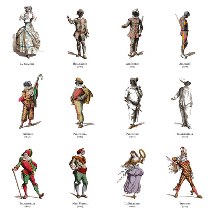 Maurice Sand 1860 Masques et Bouffons hand-colored etchings showing 8 Commedia dell'Arte characters including Harlequin, Pierrot, Pantalone, Colombine from Italian Renaissance theater collection - LeBonJournal