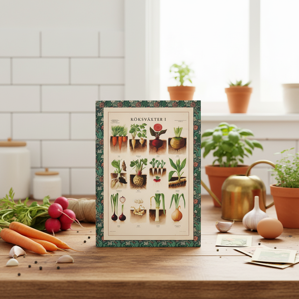 Max Richter 1936 Köksväxter kitchen garden journal on wooden counter with carrots radishes garlic basil brass watering can and seed packets in white country kitchen - LeBonJournal