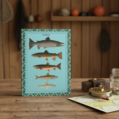 Max Richter 1939 Swedish Fiskar VI fish posters journal in Scandinavian fishing cabin with vintage reel and nautical chart - LeBonJournal