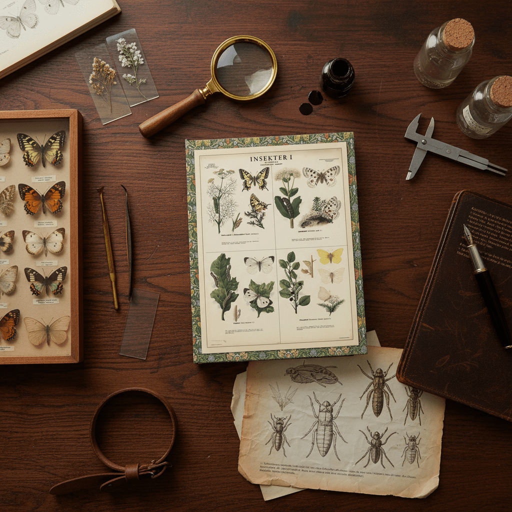 Max Richter 1939 Swedish school poster journal on entomologist desk with vintage educational butterfly illustrations from Norstedts Stockholm - LeBonJournal