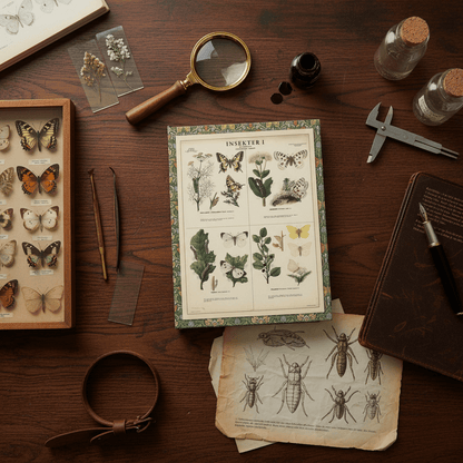 Max Richter 1939 Swedish school poster journal on entomologist desk with vintage educational butterfly illustrations from Norstedts Stockholm - LeBonJournal