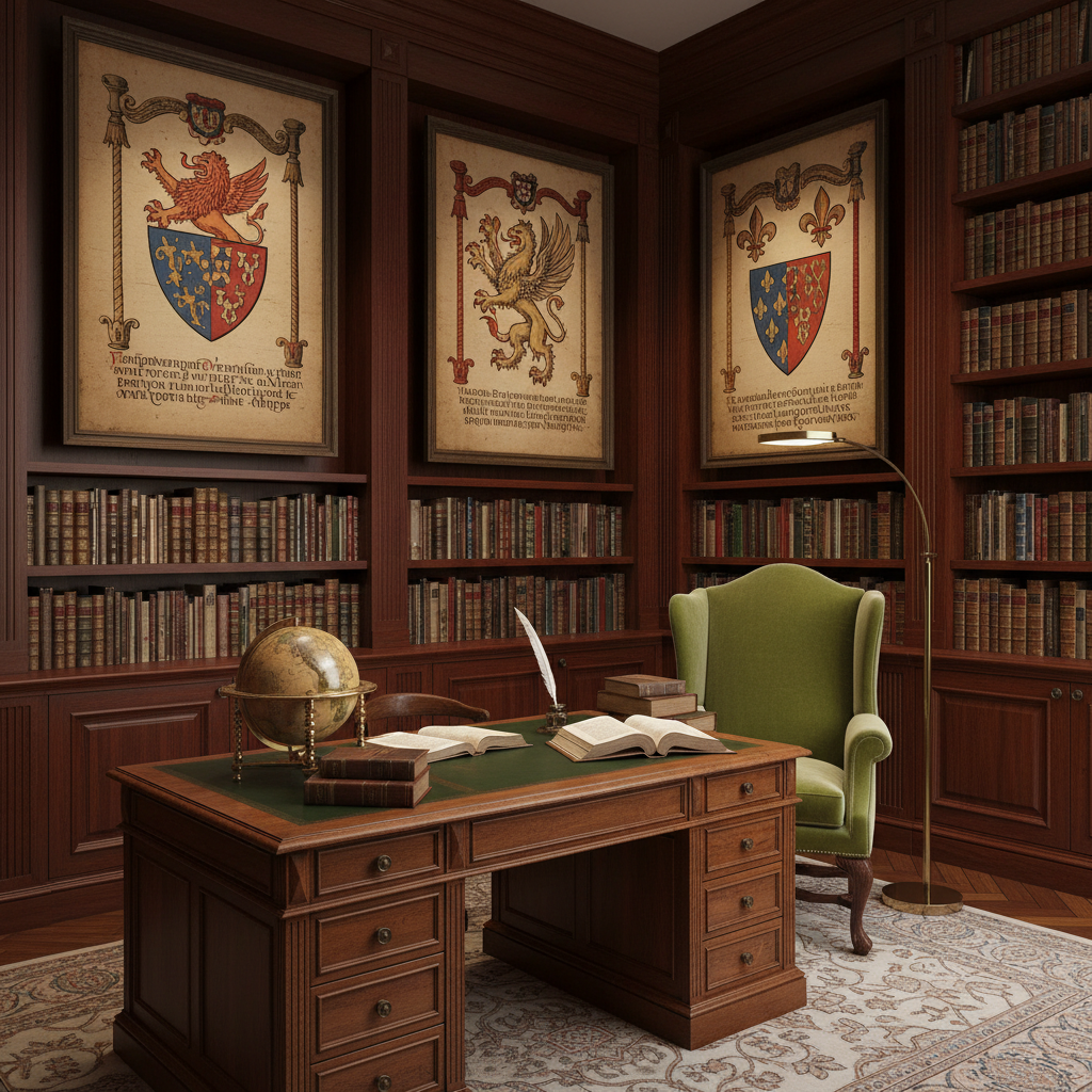 Refined study room featuring medieval heraldic artwork and historical documentation - LeBonJournal