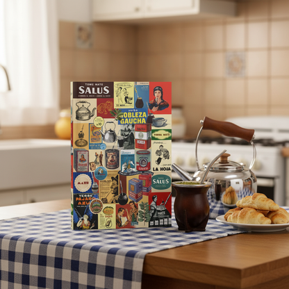 Mid-century Argentine mate journal standing upright on checkered tablecloth with pava kettle mate gourd bombilla and bizcochitos in traditional kitchen - LeBonJournal