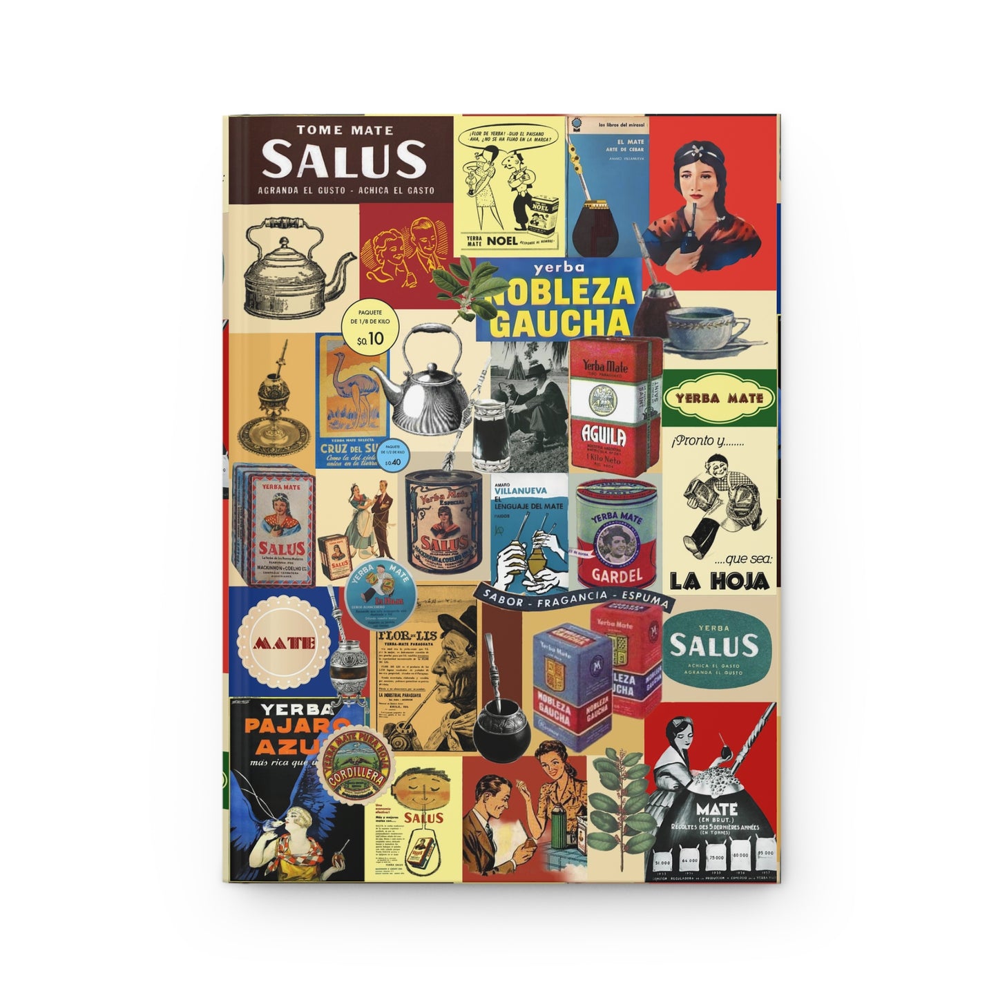 Mid-century yerba mate advertising collage front cover from 1930s-1950s Argentina Uruguay showing vintage graphics pava mate gourd bombilla - LeBonJournal

