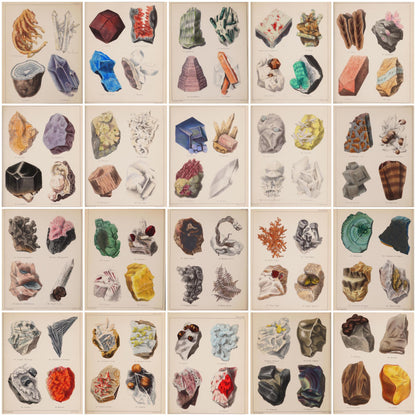 Complete collection of 20 vintage mineralogy prints from Henry Sowerby 1850 Popular Mineralogy showing rock crystal, amethyst, lapis lazuli, agate, chalcedony, garnet, heulandite, stilbite and other crystalline structures Victorian geological lithographs - LeBonJournal