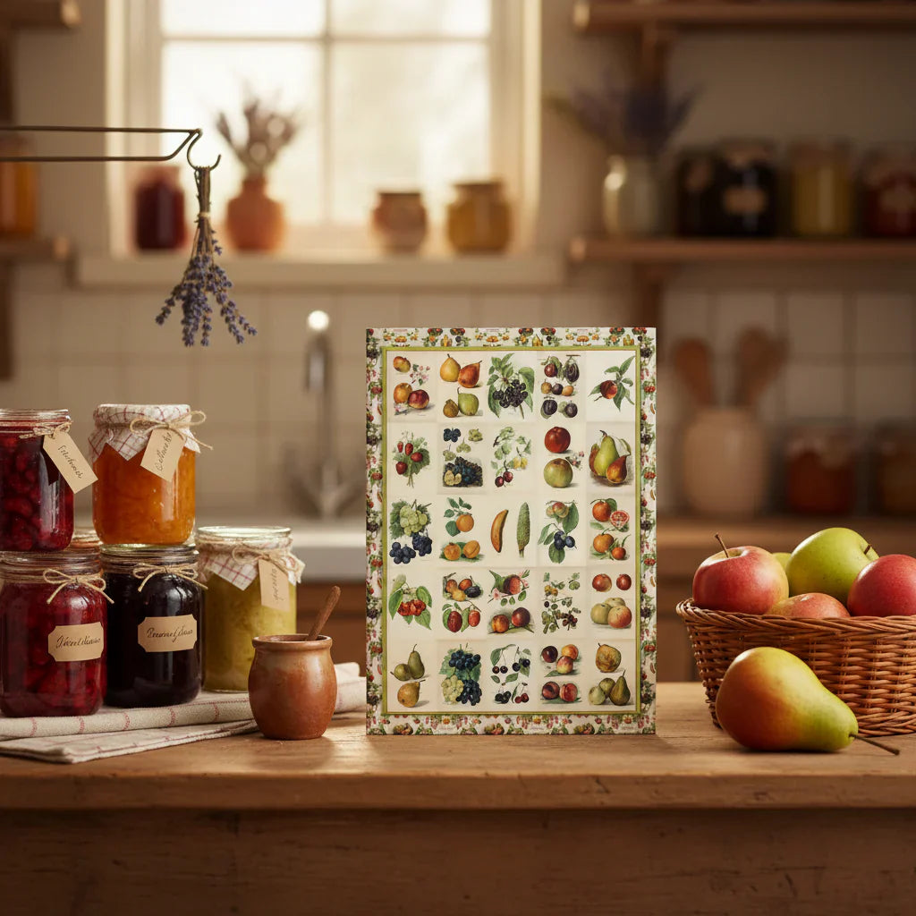 Miss May Rivers 1891 Fruit Grower's Guide journal in Victorian kitchen with preserves and orchard abundance - LeBonJournal