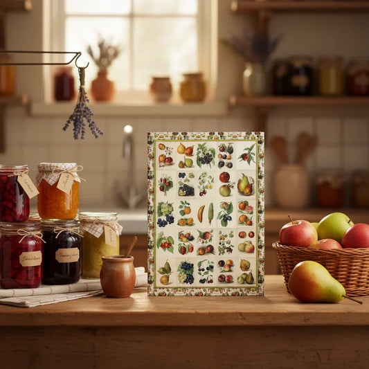 Miss May Rivers 1891 Fruit Grower's Guide journal in Victorian kitchen with preserves and orchard abundance - LeBonJournal