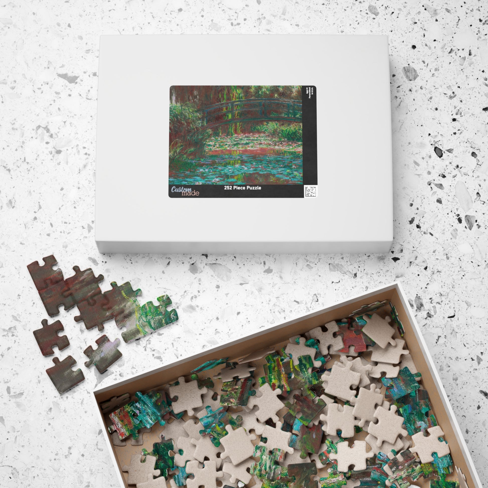 Monet 1900 harmonie rose Water Lily Bridge puzzle box with pieces and rosy Giverny artwork printed on lid - LeBonJournal