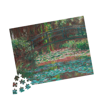 Monet 1900 harmonie rose Water Lily Bridge puzzle 252 pieces in lifestyle setting with refined impressionist home decor - LeBonJournal