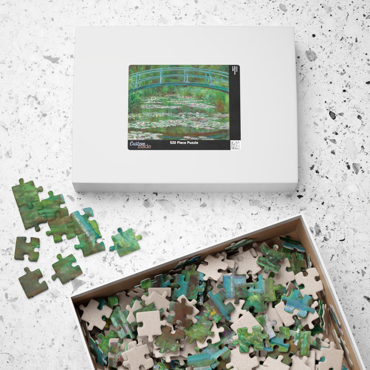 Monet 1899 harmonie verte Water Lily Bridge puzzle box with pieces and green harmony Giverny artwork on lid - LeBonJournal