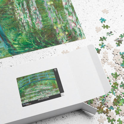 Monet 1899 Water Lilies and Japanese Bridge Princeton puzzle box with pieces and Giverny bridge artwork on lid - LeBonJournal