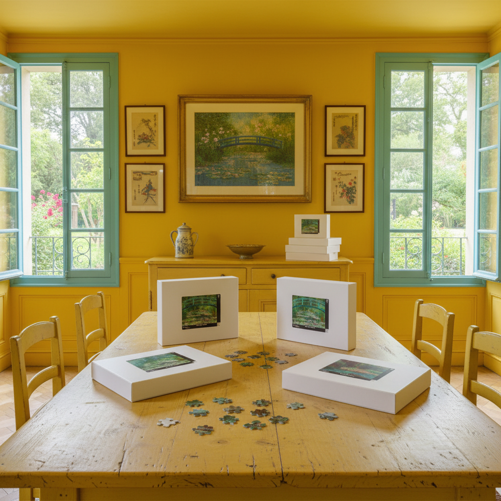 Monet Water Lily Bridge puzzle collection four boxes displayed on yellow wooden table inside Monet's Giverny house with turquoise windows - LeBonJournal