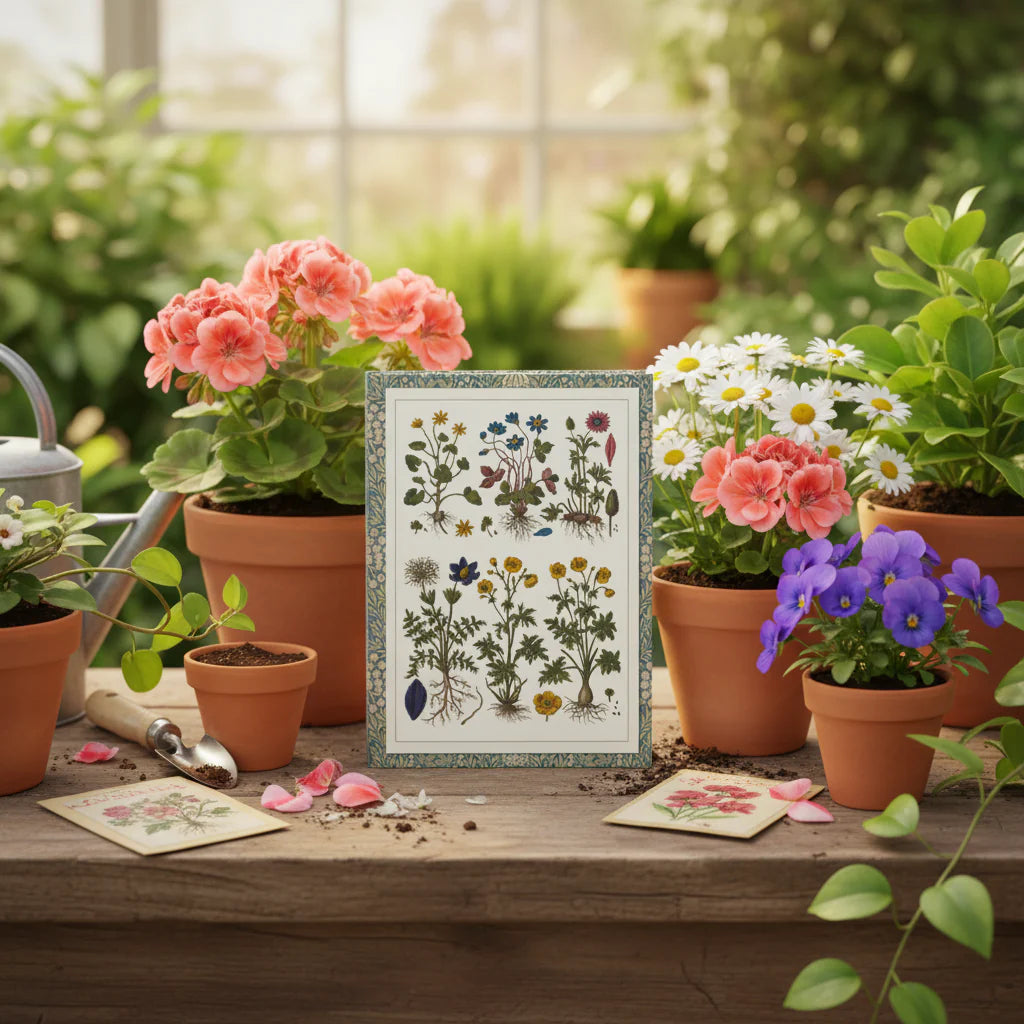 Morandi 1744 Historia Botanica Practica journal in plant nursery setting with Enlightenment botanical specimens and Prussian blue borders - LeBonJournal