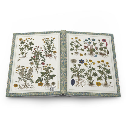 Morandi 1744 botanical hardcover journal open showing front and back covers with casewrap sewn spine, Historia Botanica Practica 1744 - LeBonJournal