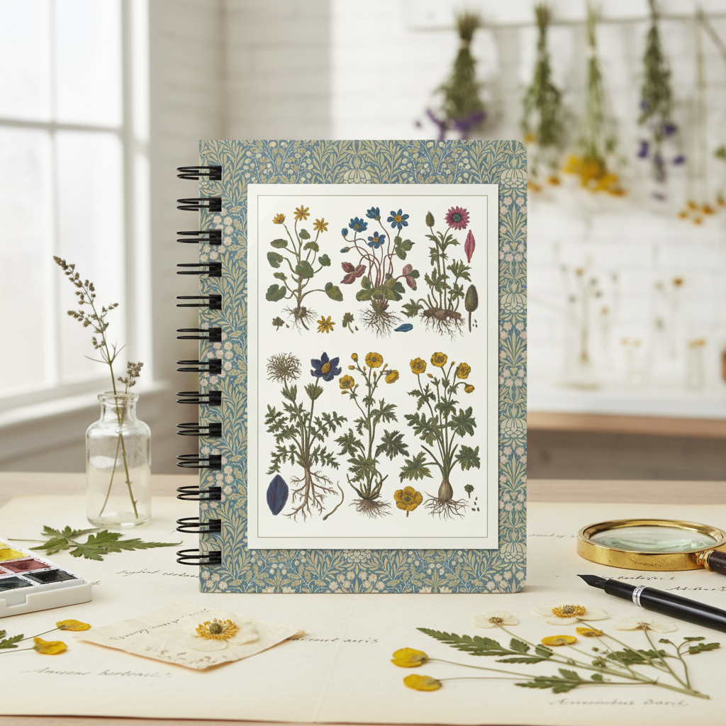 Morandi 1744 Historia Botanica Practica spiral journal in botanical studio with pressed wildflowers magnifying glass and watercolor palette - LeBonJournal