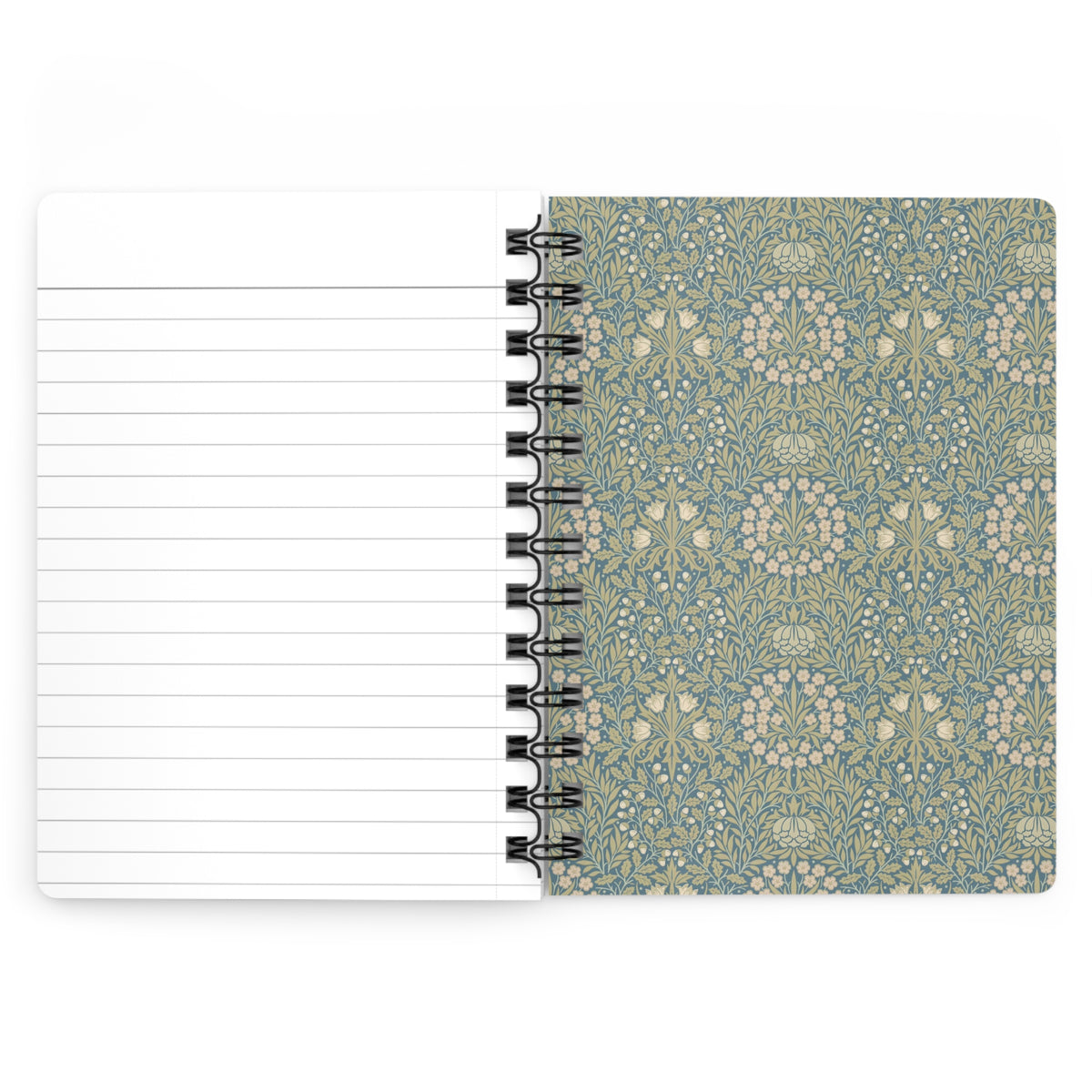 Morandi Historia Botanica spiral journal open showing perforated lined pages and sage William Morris floral inside back cover with metal spiral binding - LeBonJournal