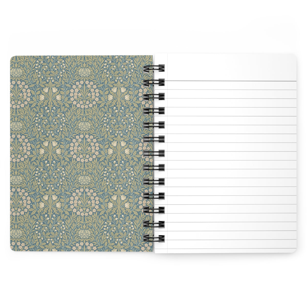 Morandi Historia Botanica spiral journal open showing sage William Morris floral inside cover and perforated lined pages with metal spiral binding - LeBonJournal