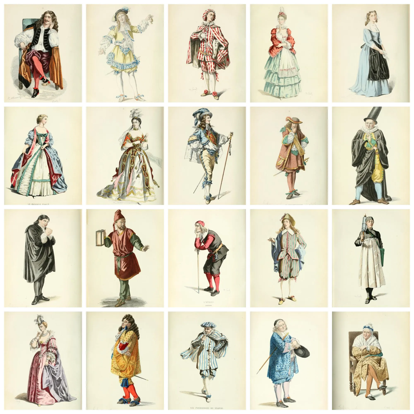Mosaic of hand-colored theatrical characters from Molière's complete works illustrated by Maurice Sand - LeBonJournal