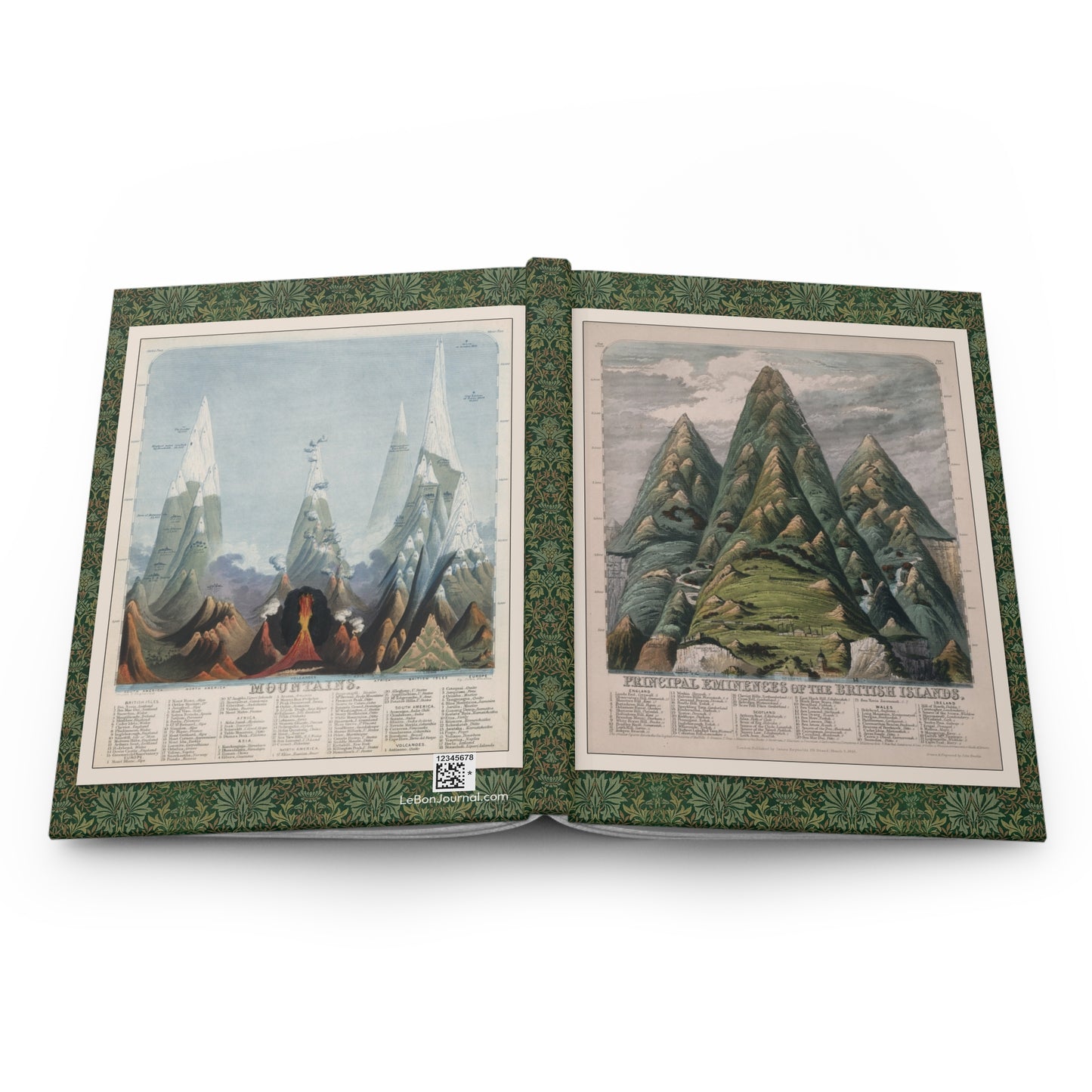 Open Mountains journal showing durable casewrap binding, hardcover construction with John Emslie 1850 British Isles and world peaks charts on front and back covers, and flexible spine for lay-flat writing - LeBonJournal